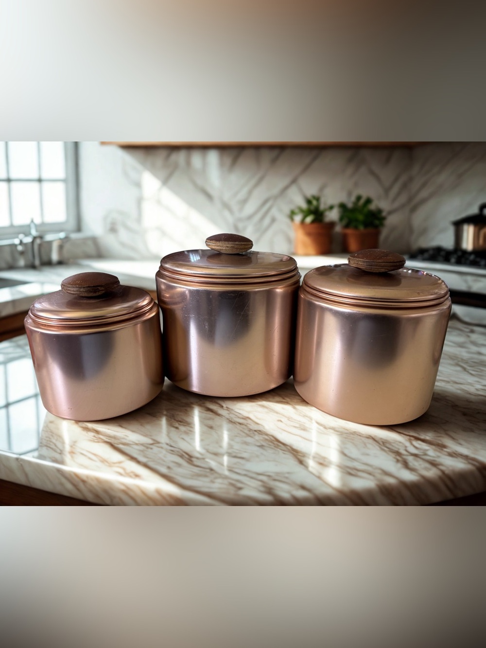Vintage Mirro Copper Rose Gold Aluminum Canister Set 3 Wood Knob MCM USA